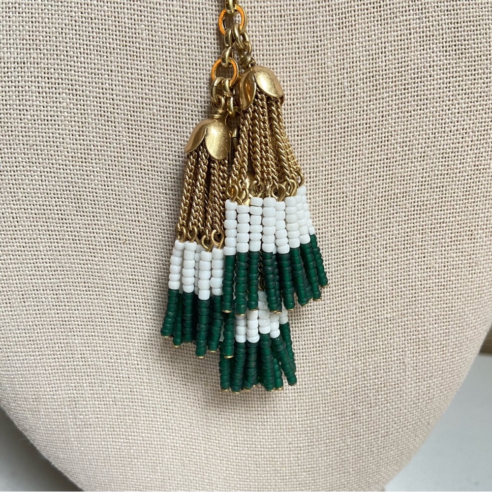 J. Crew glass bead tassel necklace on long goldtone chain in green and white - Picture 2 of 9